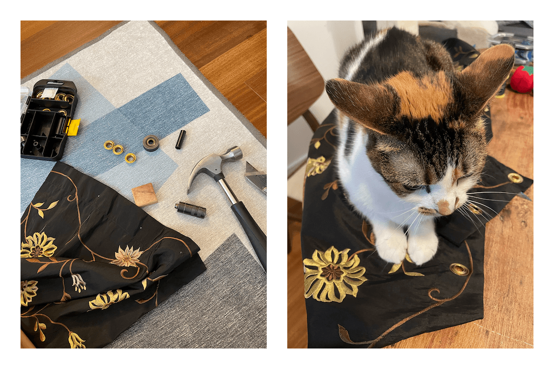 While I was sewing, Dixie caught on to the fact that these curtains were bad news for her.