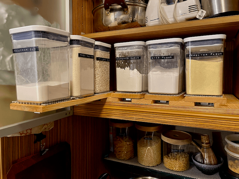 Each shelf was designed to hold 3 OXO containers, for a total of 12 containers.