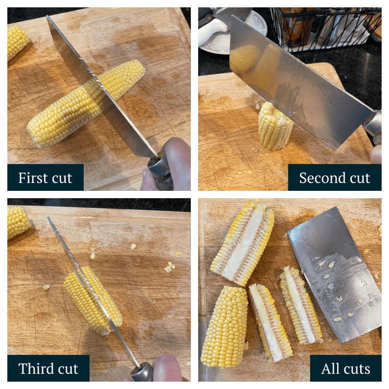 For the third cut, I sometimes need to smack the cleaver wedged into the corn onto the cutting board to cut it through. I recommend making sure your other hand is not on the cutting board while you do this.