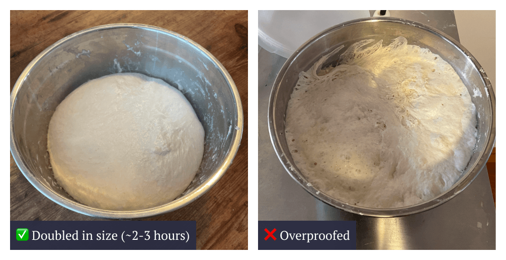 It is possible to overproof the dough, which will prevent the pizza from developing a poofy crust.