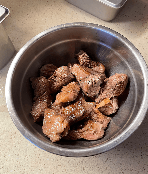 Seared beef (a little pink is ok)
