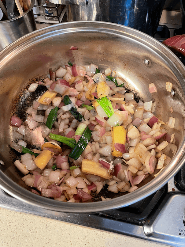 Translucent onions (ignore the red onion, I ran out of yellow when photographing this recipe)